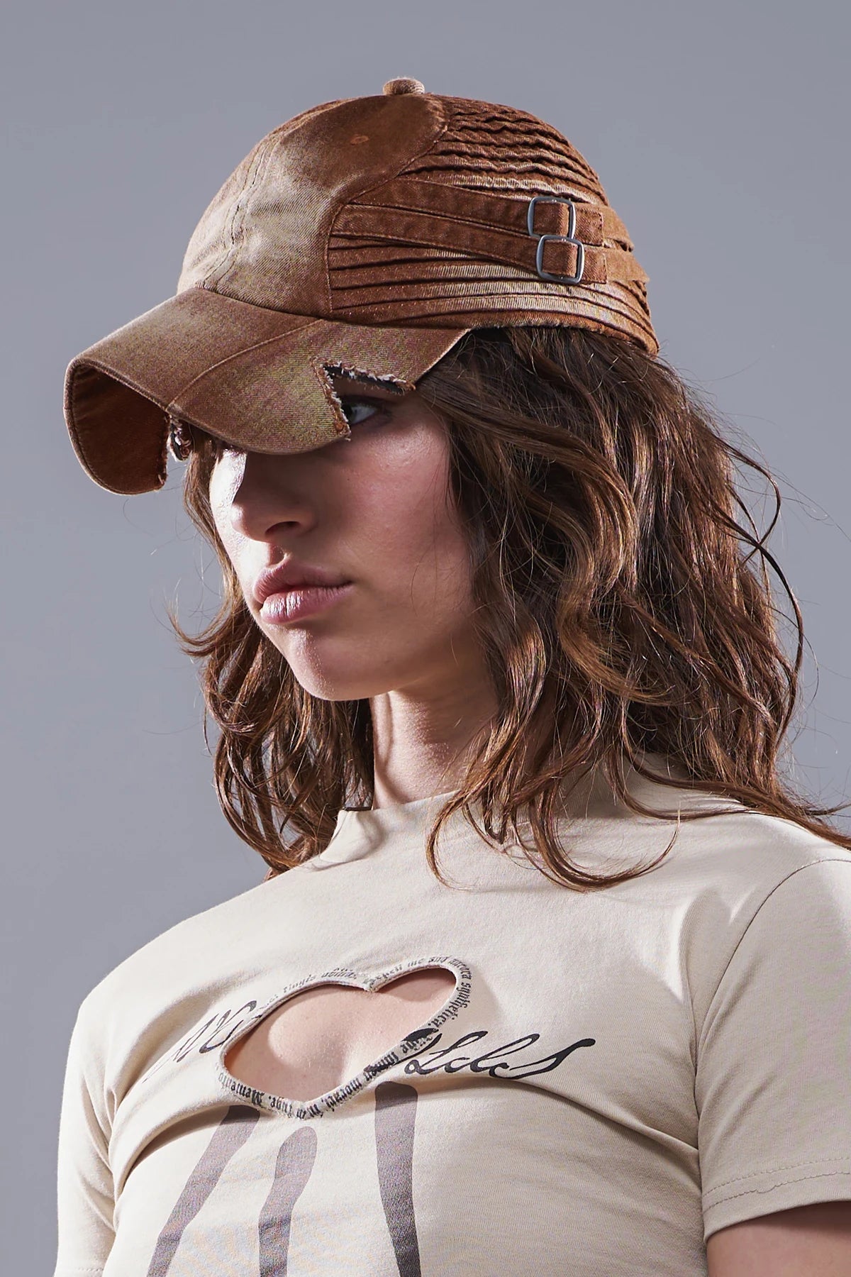 Washed Buckle Brown Denim Cap Brown