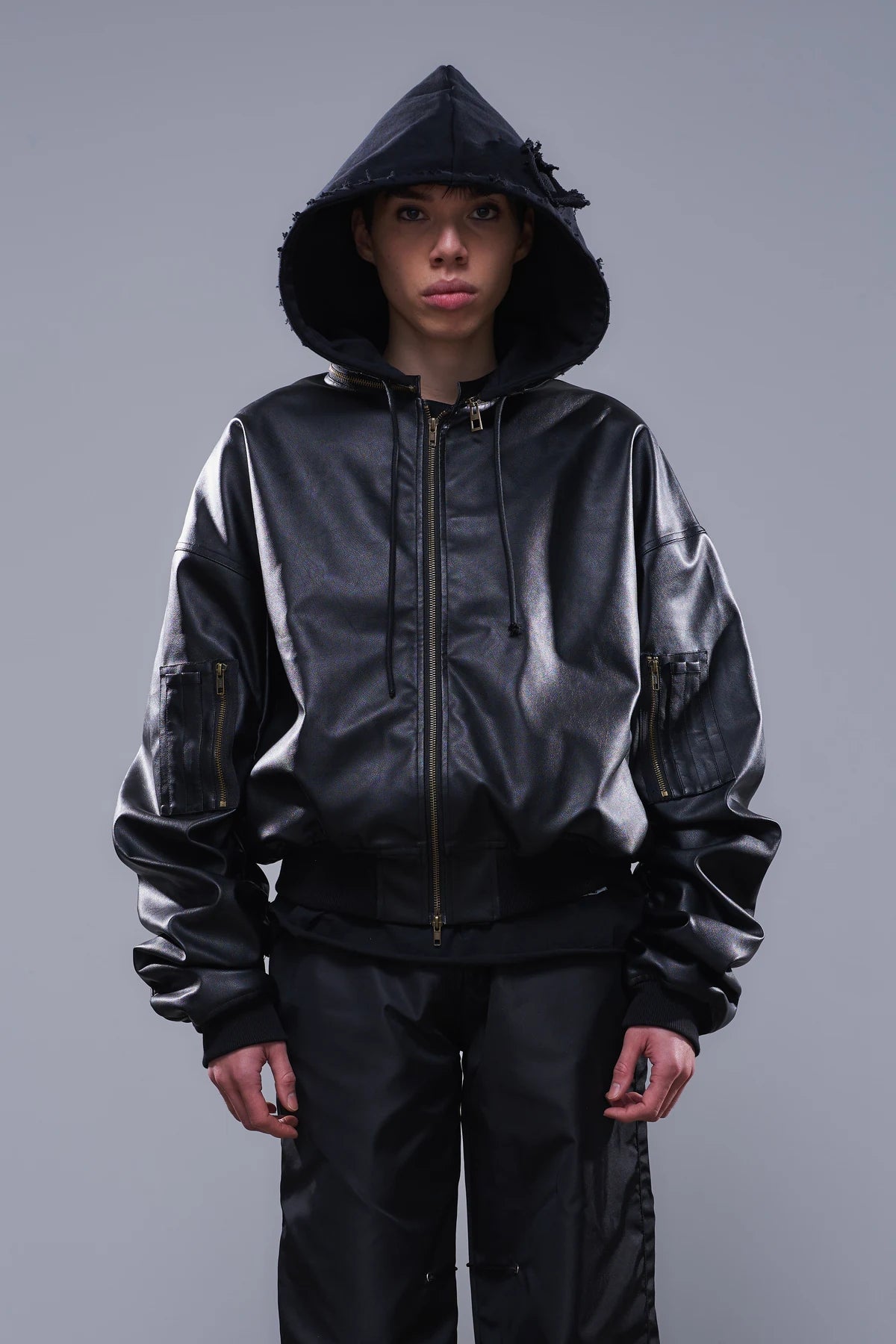 Hooded Leather Jacket Black