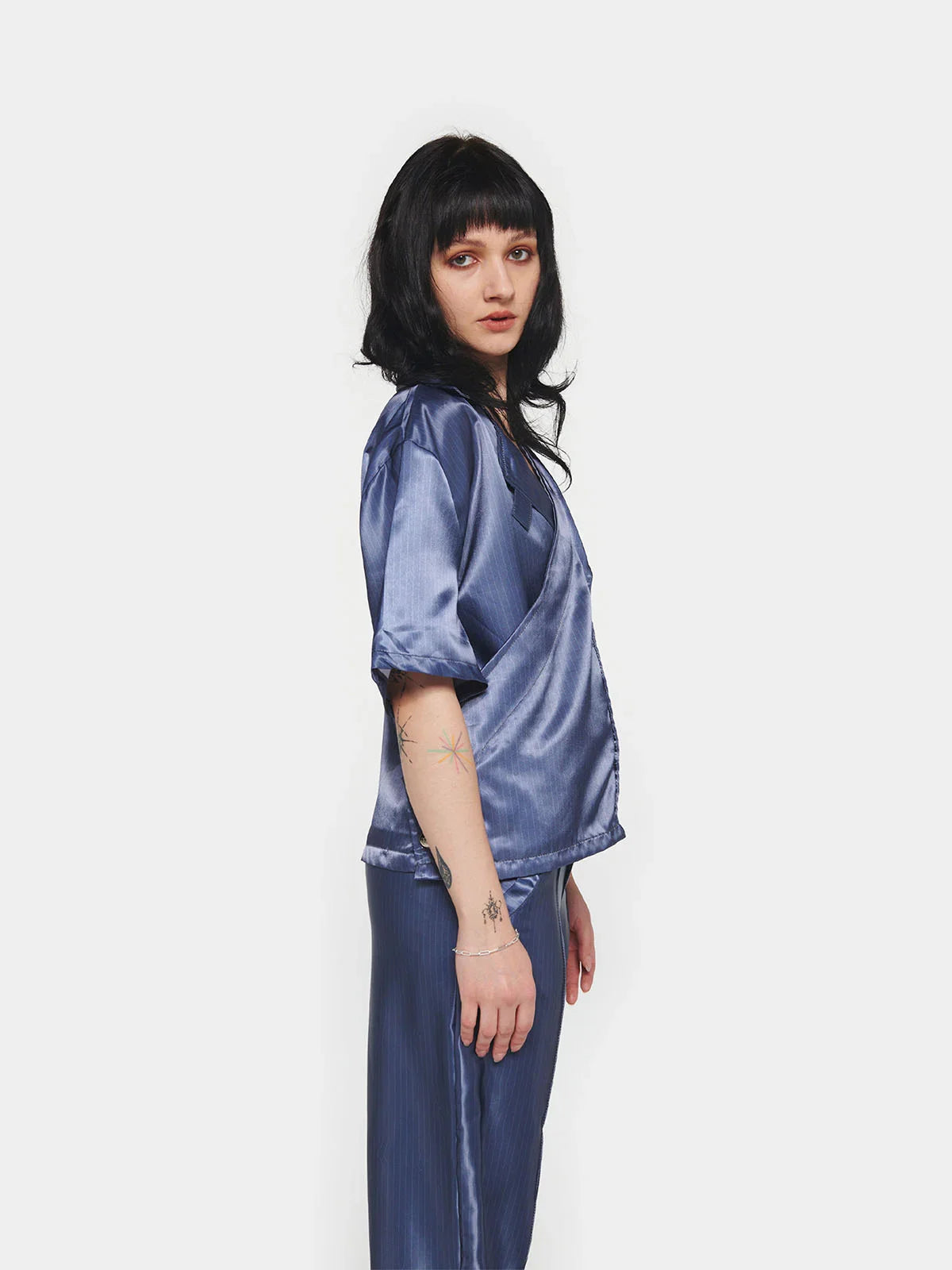 Pinstripe Satin Shirt - Dark Blue