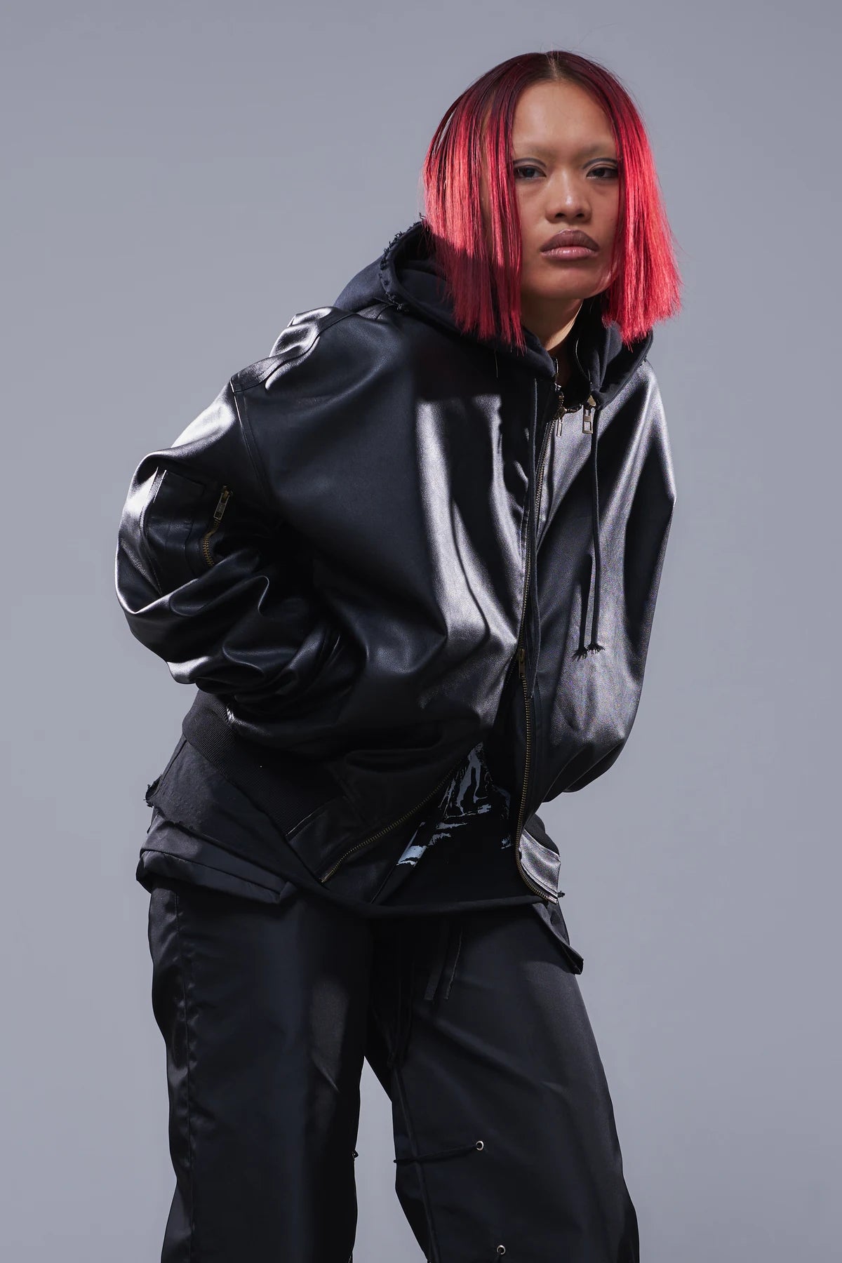 Hooded Leather Jacket Black