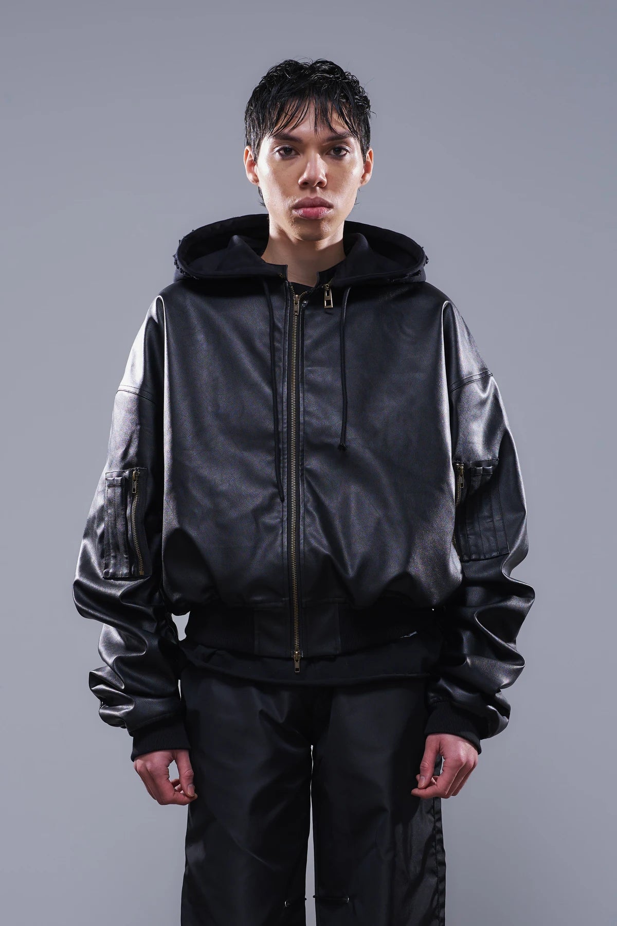 Hooded Leather Jacket Black