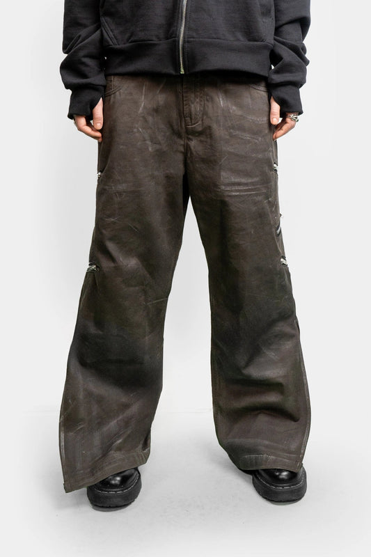 Waxed zipper trousers