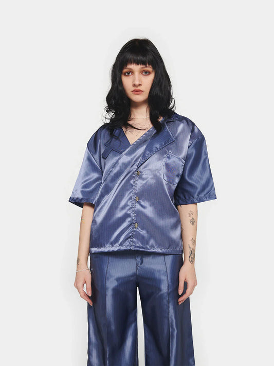 Pinstripe Satin Shirt - Dark Blue