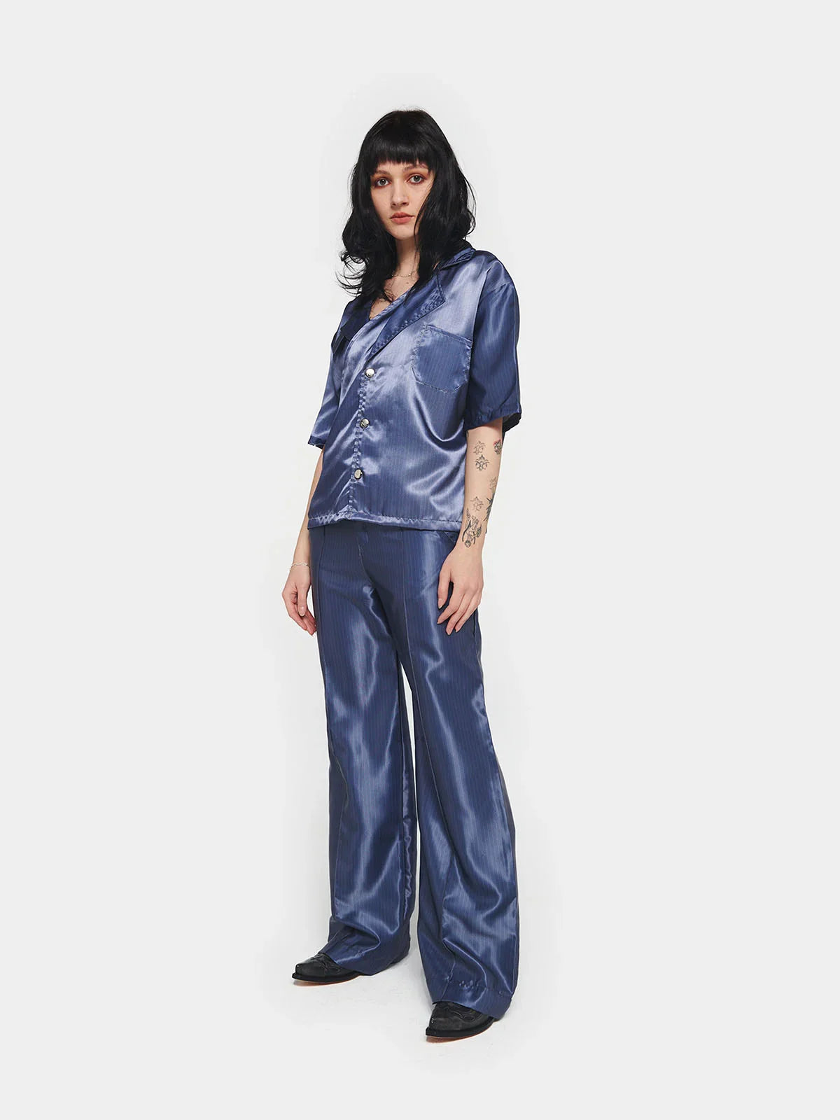 Dark Blue Pinstripe Satin Trousers