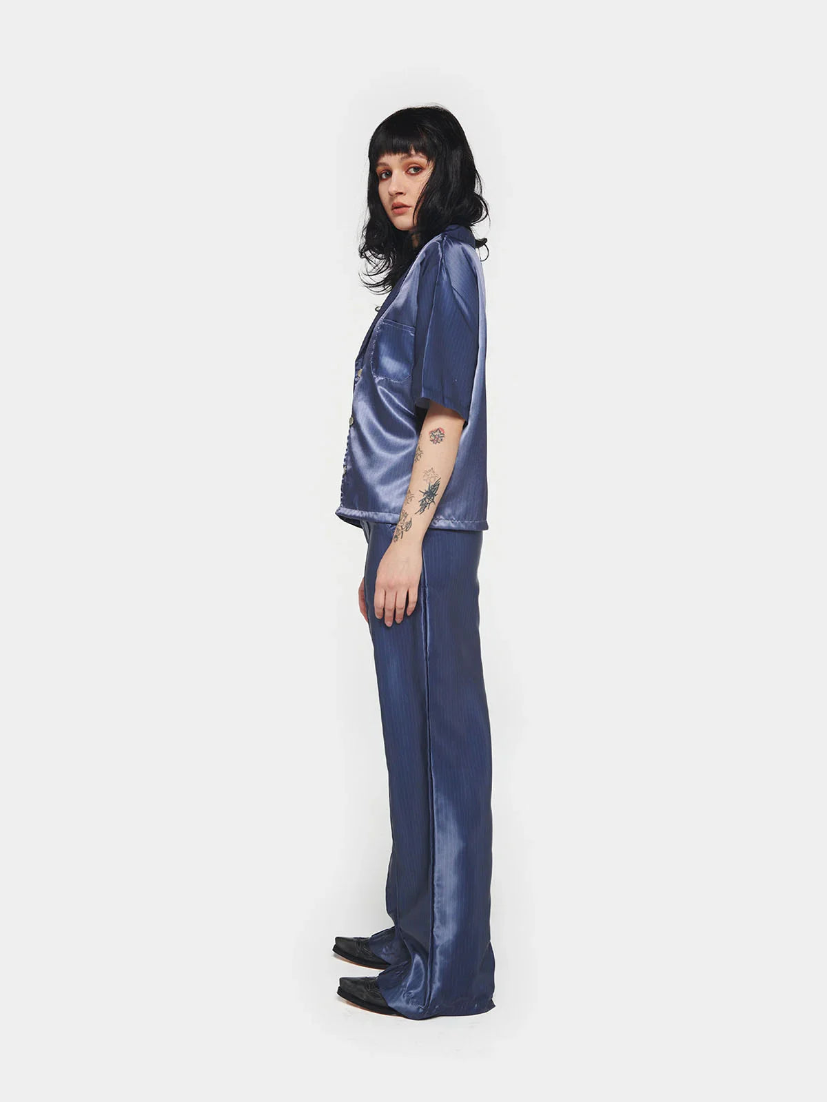 Dark Blue Pinstripe Satin Trousers