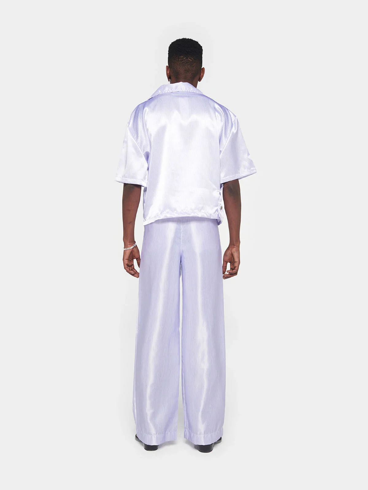 White Pinstripe Satin Trousers