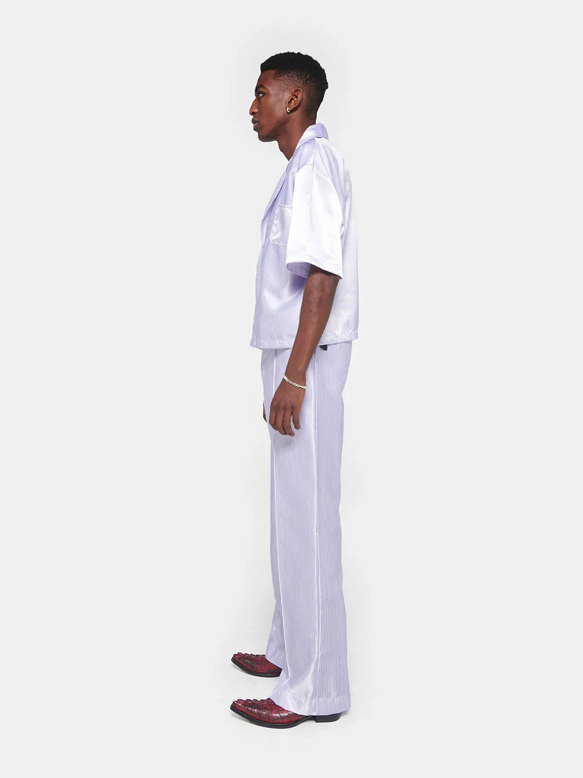 White Pinstripe Satin Trousers