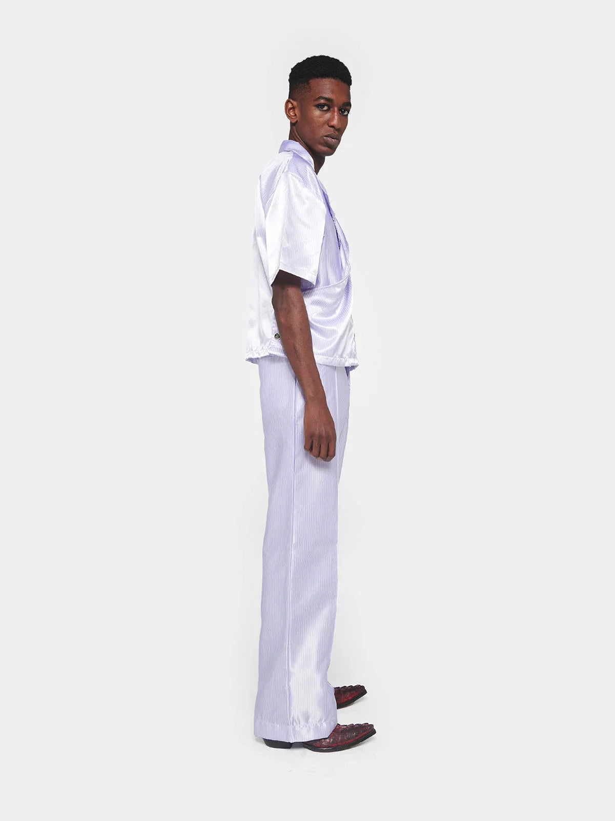 White Pinstripe Satin Trousers